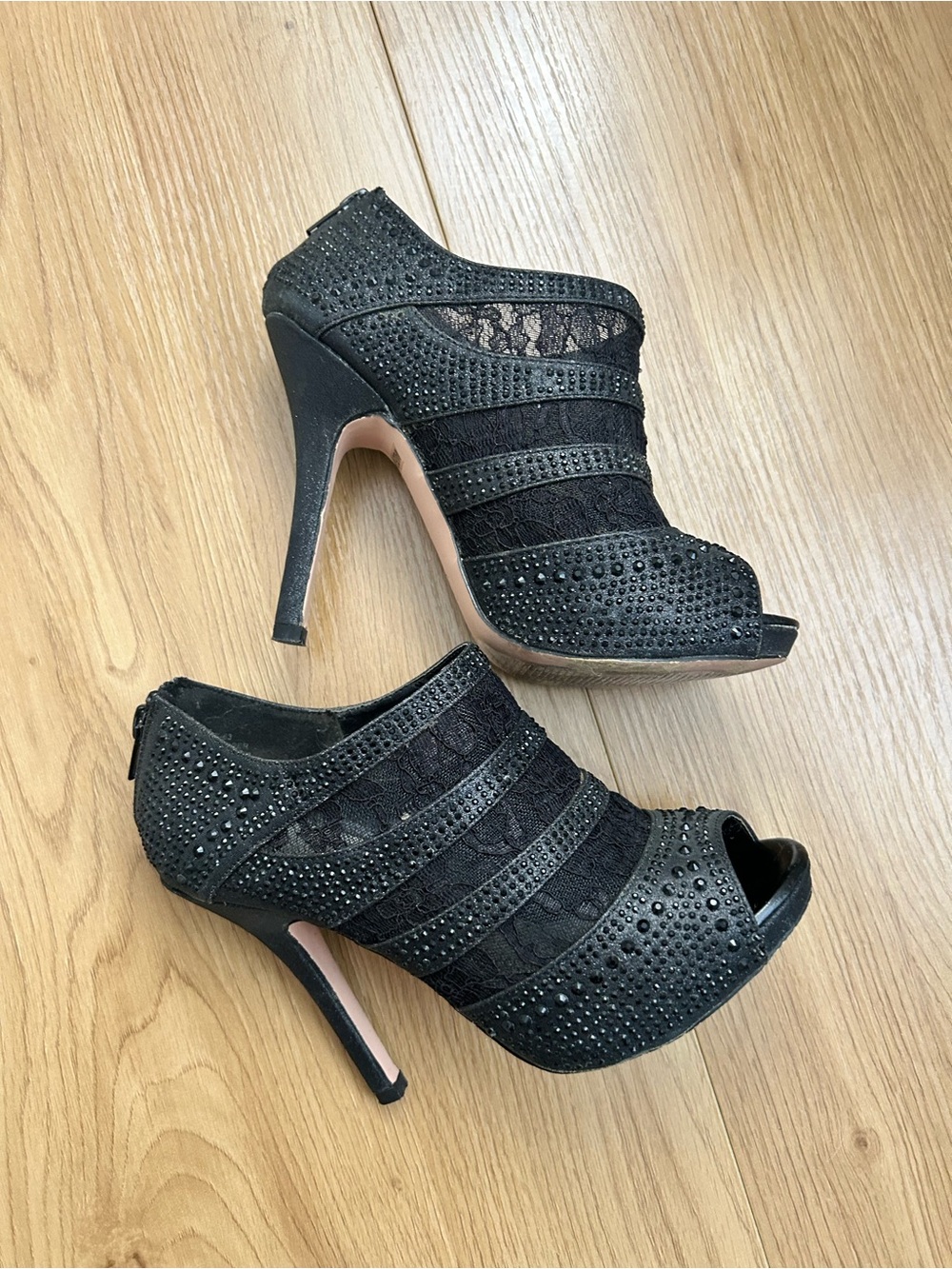 Deb Black Lace & Stud Peep-Toe High Heel Booties